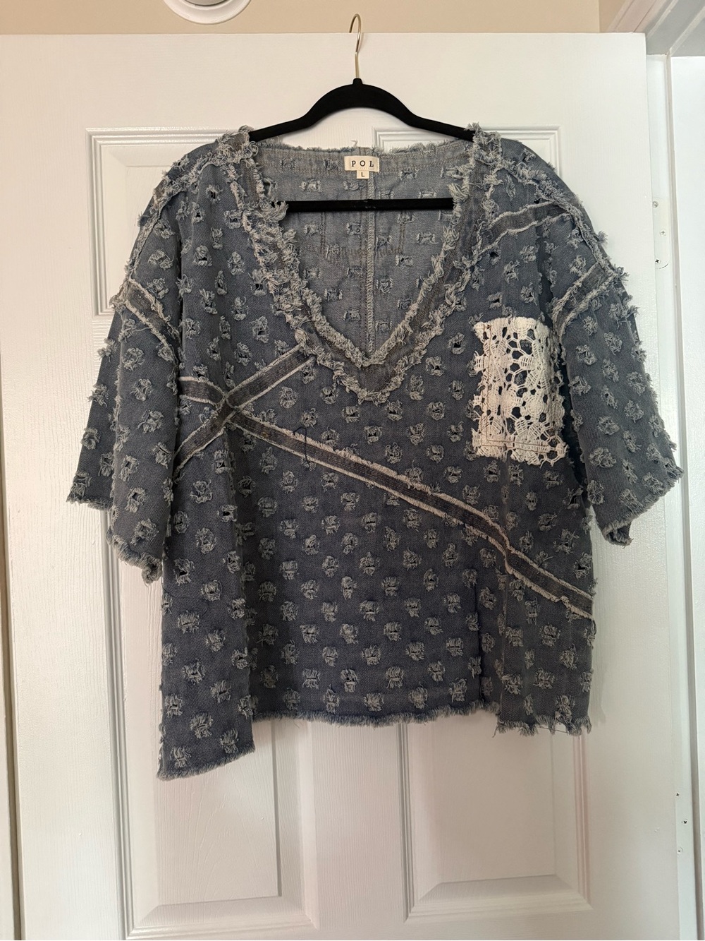 POL Distressed V-Neck Short Sleeve Top in Denim Gray with Crochet Pocket